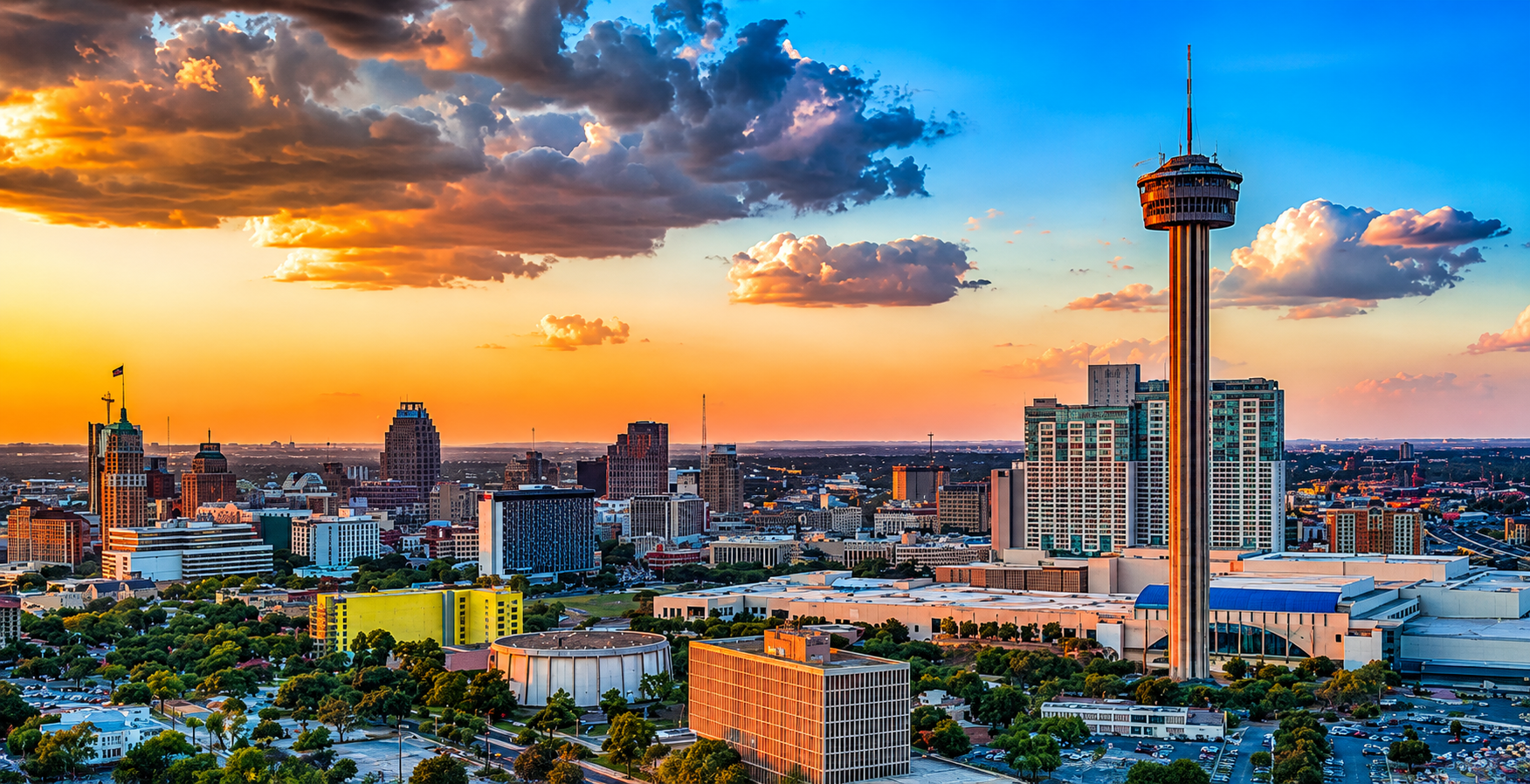 San Antonio skyline at sunset with the Tower of the Americas and River Walk